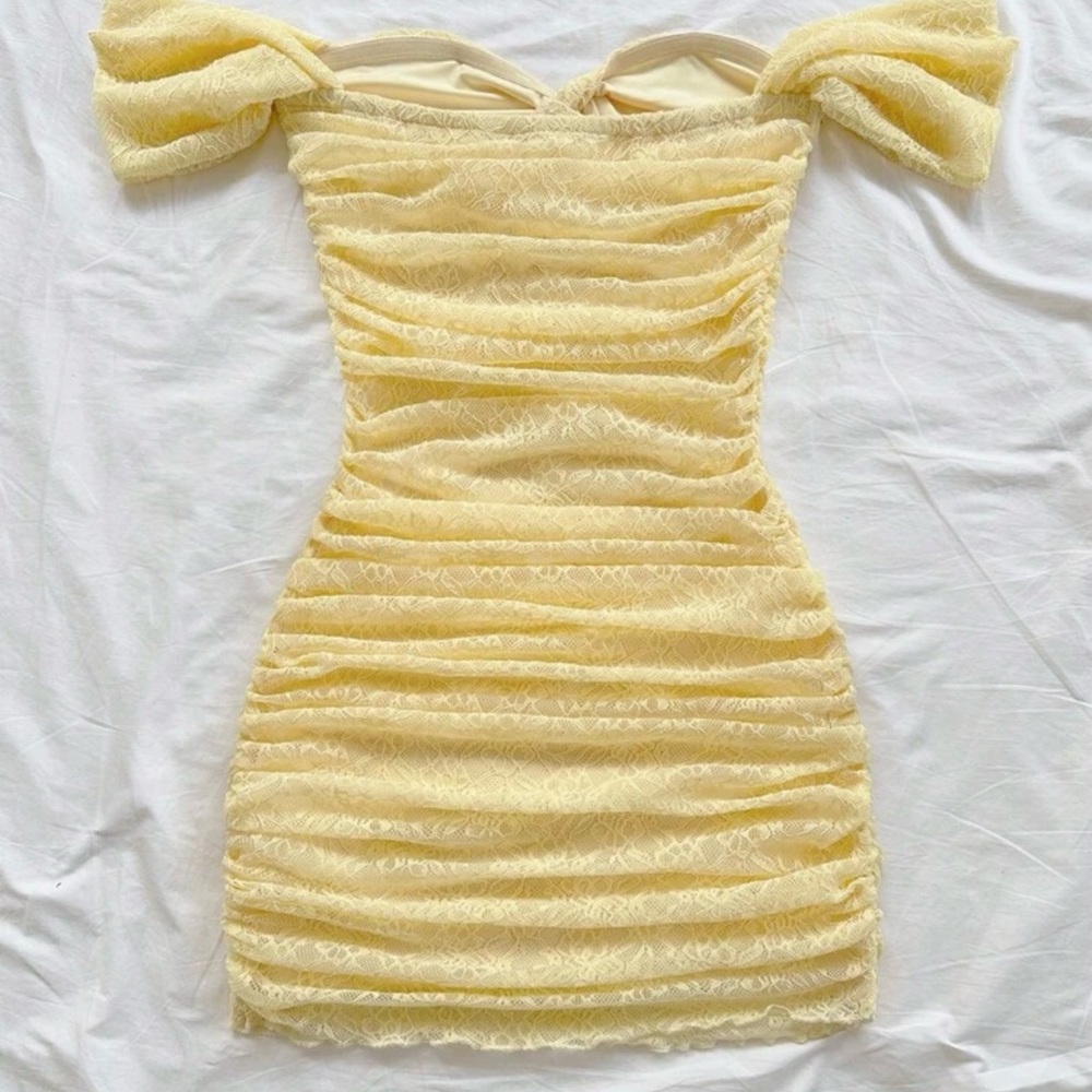 Yellow Ruched Off-Shoulder Mini Dress - Picture 2 of 2